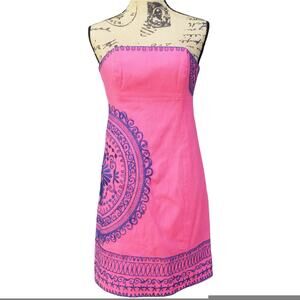 Lilly Pulitzer Bowen Strapless Dress Sz 0 Coral Pink Navy Blue Embroidered 78490